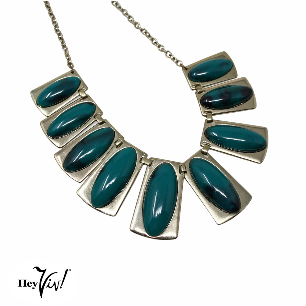 Vintage Mod Deco Silver and Green Medallion Statement Necklace 18" Long -Hey Viv